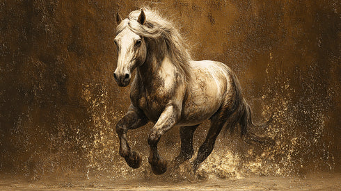 Koşan Beyaz At Tablosu Altın Tonlu Arka Planlı Modern Kanvas Duvar Dekoru, Salon Ofis İçin Büyük Boy At Figürlü Tablo