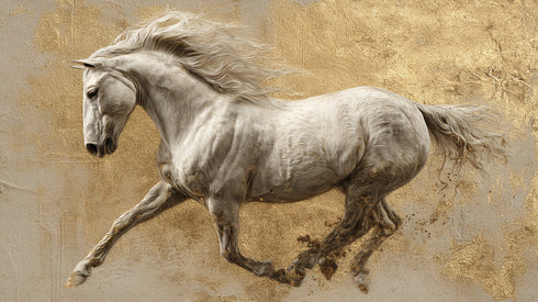 Koşan Beyaz At Tablosu Altın Varak Dokulu Arka Planlı Lüks Kanvas Duvar Dekoru, Salon Ofis İçin Büyük Boy At Figürlü Tablo