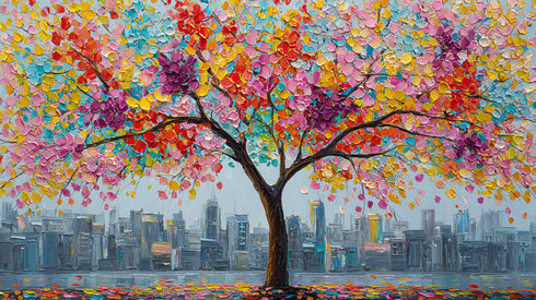 Renkli Çiçekli Ağaç ve Şehir Manzarası Tablosu Modern Soyut Kanvas Duvar Dekoru, Salon Ofis İçin Büyük Boy Sanatsal Tablo
