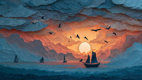 Bulutlar Arasında Gün Batımı ve Yelkenli Tablosu Soyut Deniz Manzarası Modern Kanvas Duvar Dekoru Salon Ofis Yatak Odası İçin Büyük Boy Sanatsal Tasarım