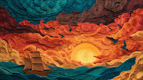 Gün Batımında Yelkenli ve Martılar Tablosu Soyut Deniz Manzarası Modern Kanvas Duvar Dekoru Salon Ofis İçin Büyük Boy Sanatsal Tasarım