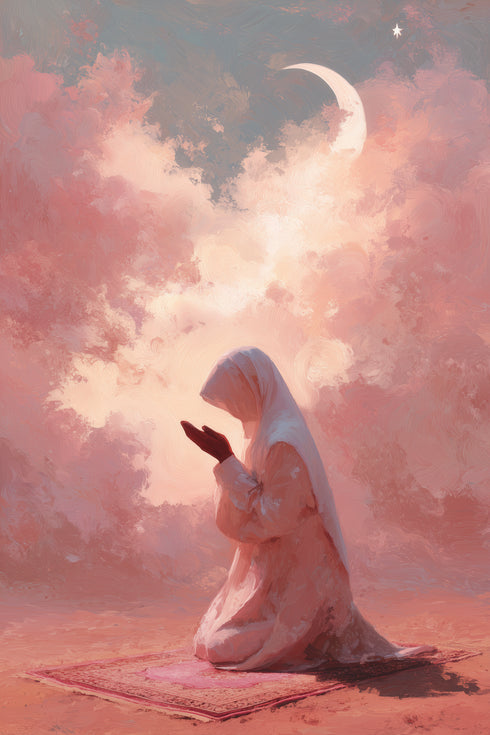 Hilal ve Pembe Bulutlar Altında Dua Eden Kadın Kanvas Tablo – Manevi Huzur Temalı İslami Duvar Dekoru, Dini Salon Tablosu