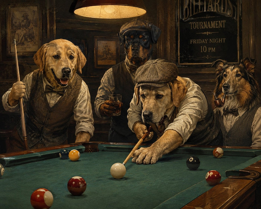 Bilardo Oynayan Köpekler Eğlenceli Yatay Kanvas Tablo