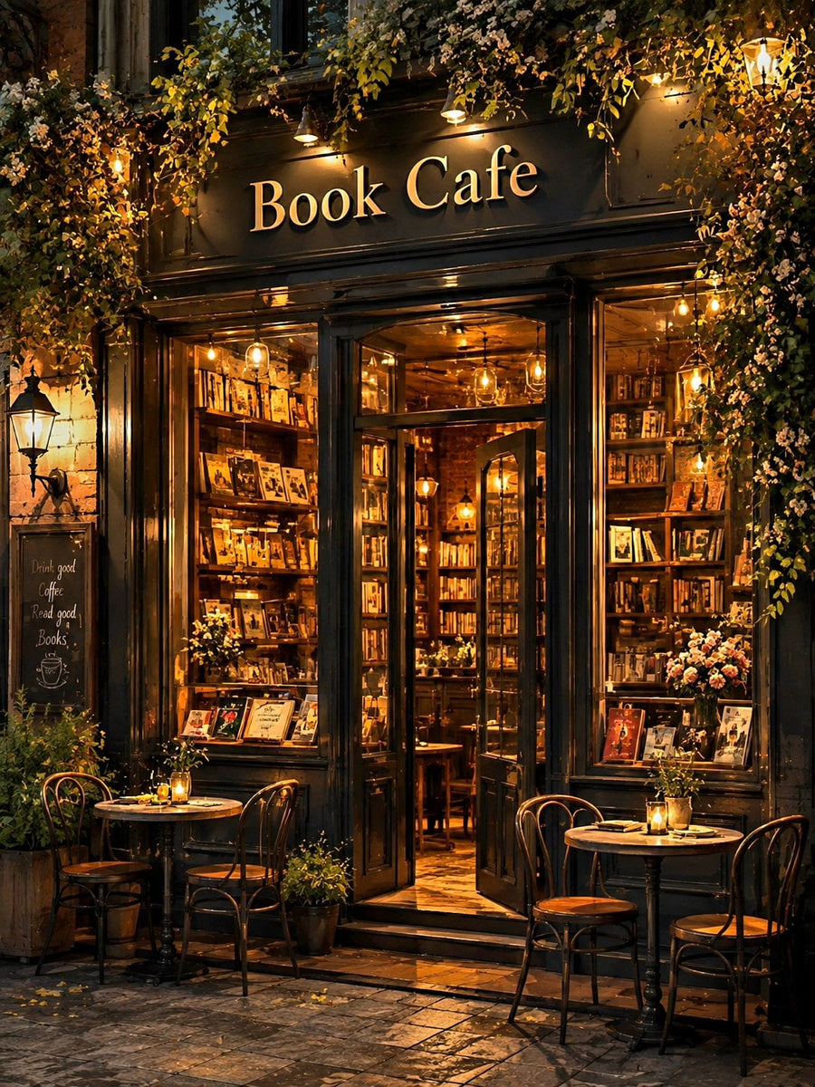Vintage Kitap Kafe Sahnesi Kanvas Tablo