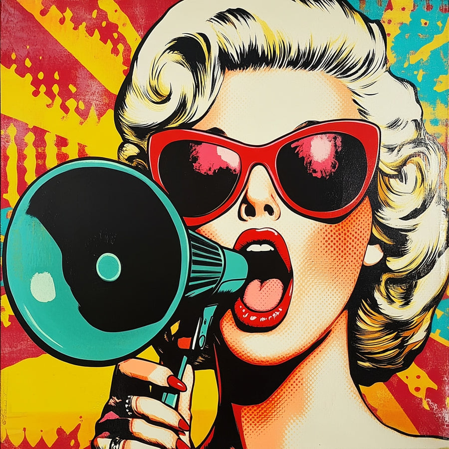 Megafonlu Kadın Retro Pop Art Kare Kanvas Tablo