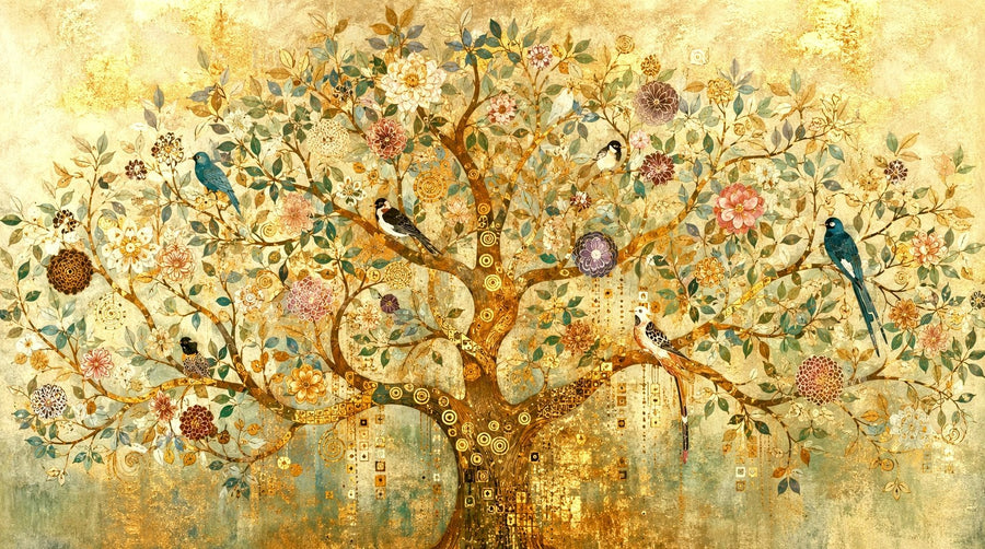 Klimt Hayat Ağacı Çiçekli Manzara Yatay Kanvas Tablo