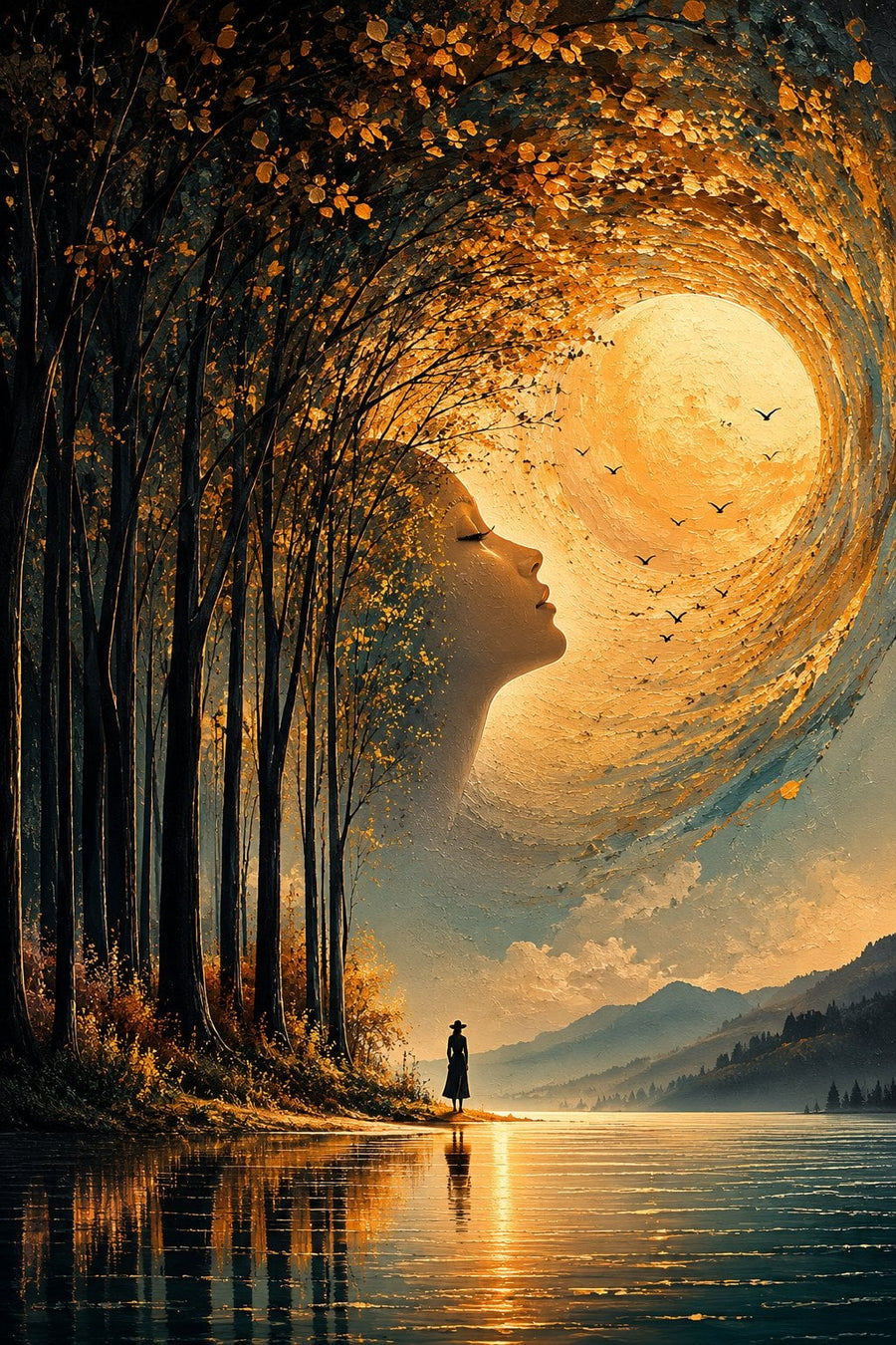 Kadın ve Doğa Rüya Gibi Sürreal Manzara Kanvas Tablo