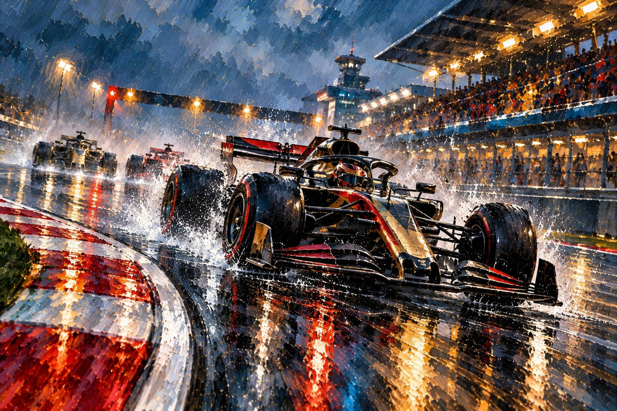 Yağmurda Formula 1 Yarışı Siyah Kırmızı Yatay Kanvas Tablo