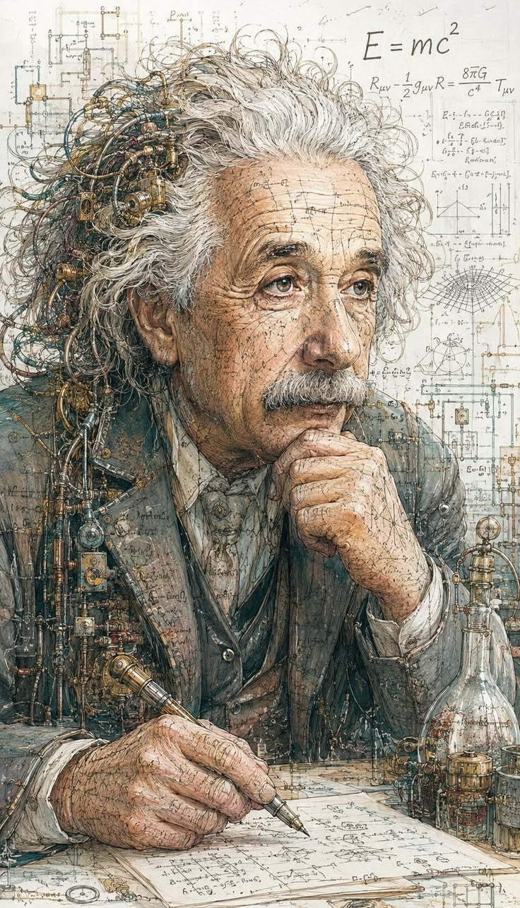 Einstein'ın Düşünceli Portresi Dikey Kanvas Tablo