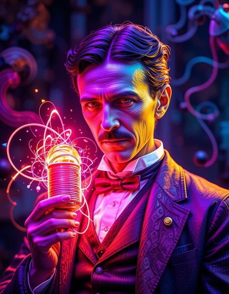 Neon Renklerde Nikola Tesla Dikey Kanvas Tablo