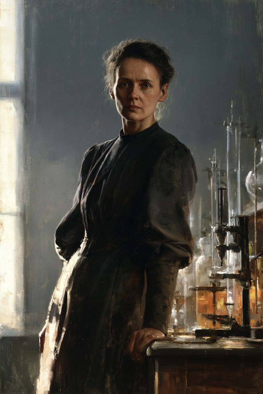 Laboratuvarda Marie Curie Dikey Kanvas Tablo