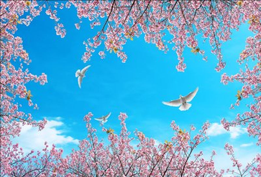 Sakura Çerçevesinde Uçan Güvercinler Yatay Kanvas Tablo