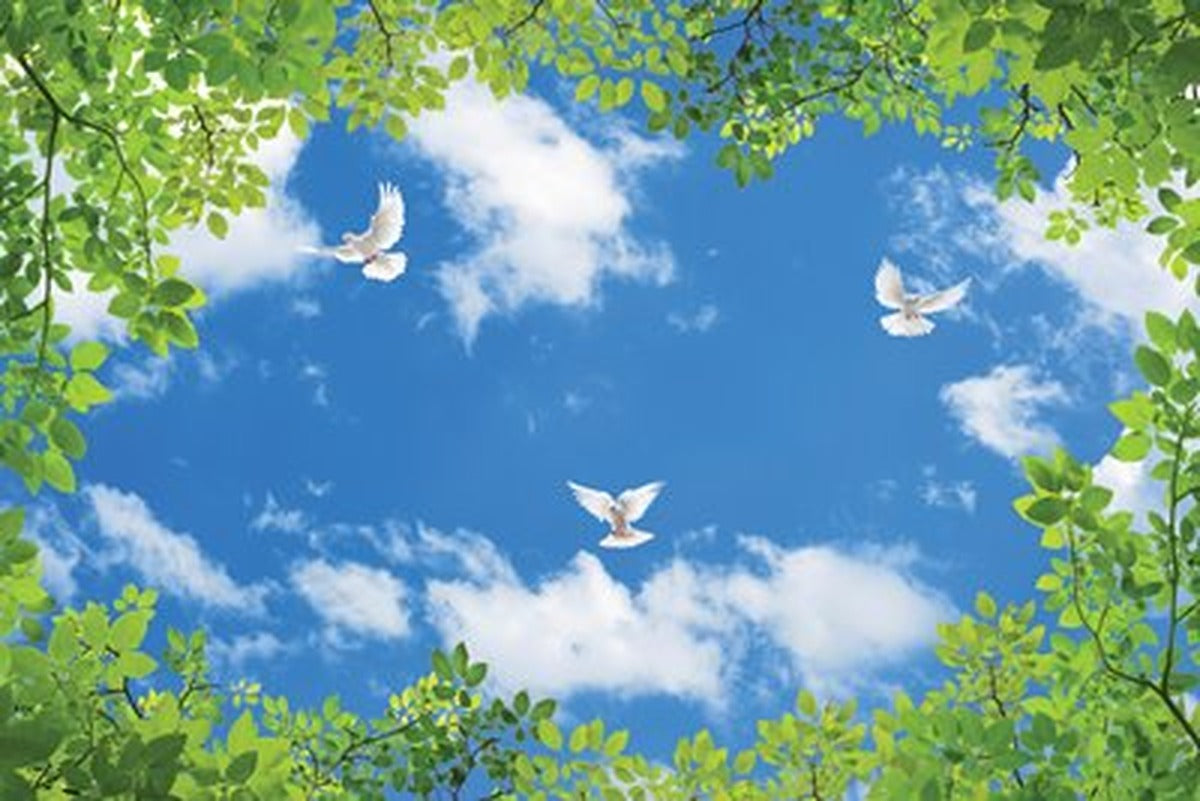 Yeşil Yaprak Çerçevesinde Güvercinler Yatay Kanvas Tablo