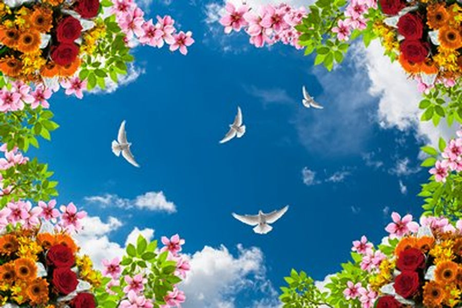Gül ve Gerbera Çerçevesinde Güvercinler Yatay Kanvas Tablo