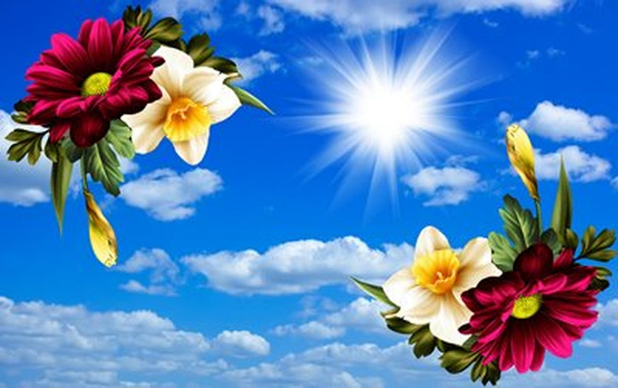 Kırmızı Gerbera ve Nergisli Gök Yatay Kanvas Tablo