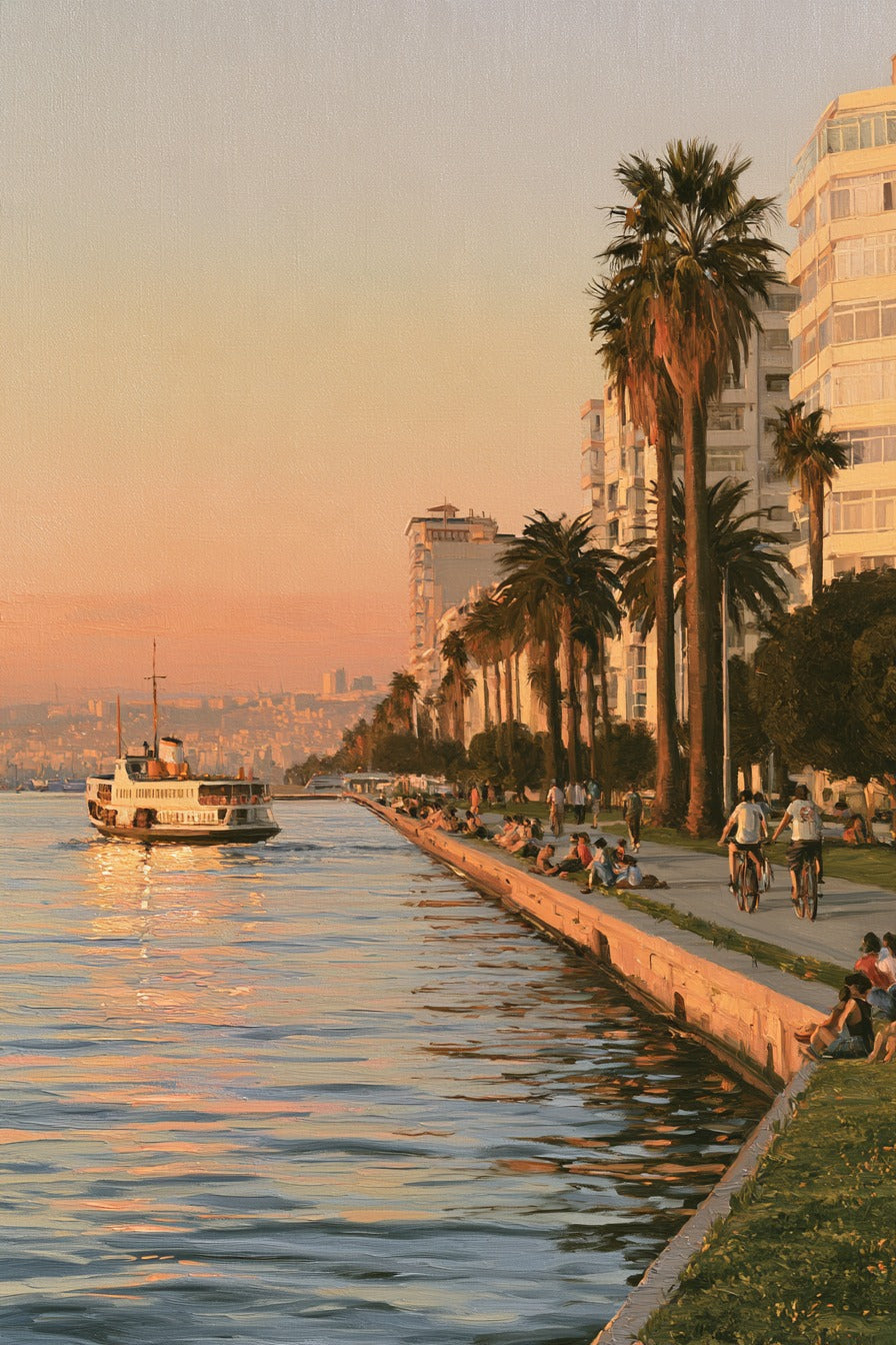 İzmir Kordon Gün Batımı ve Vapur Dikey Kanvas Tablo
