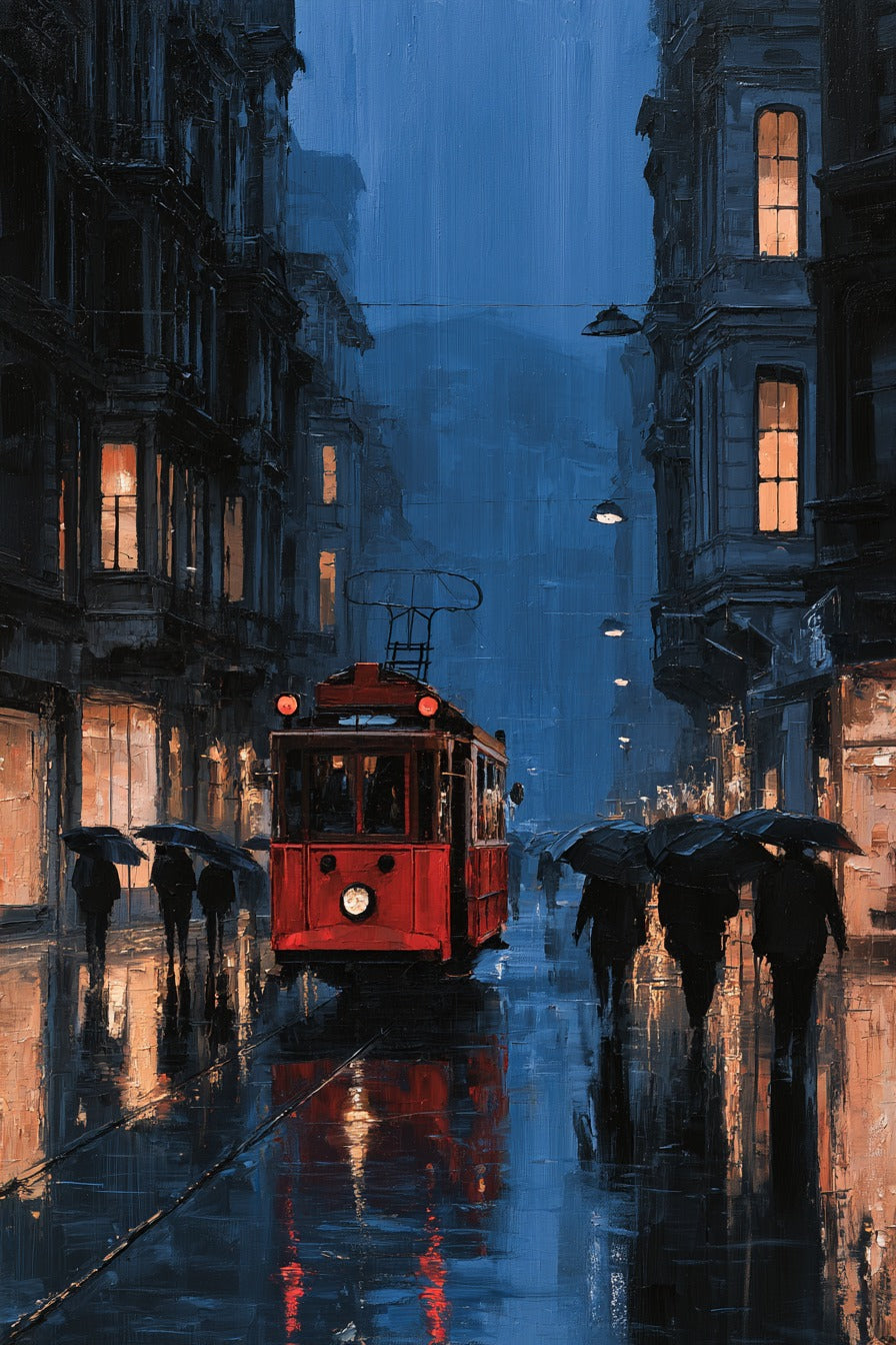 Yağmurlu İstiklal Caddesi ve Tramvay Dikey Kanvas Tablo