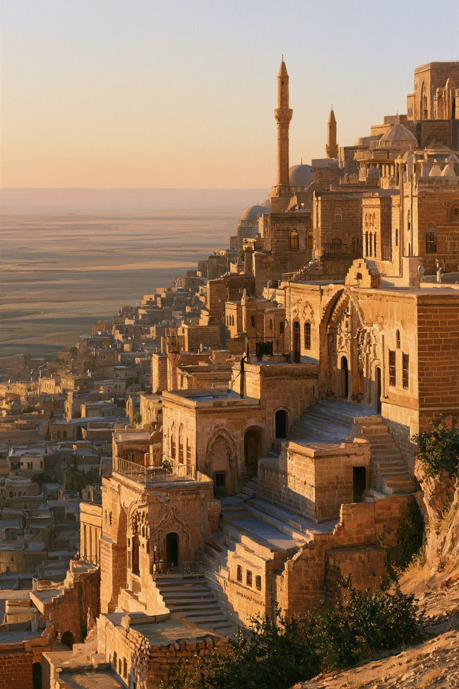 Mardin Taş Evleri Gün Batımı Dikey Kanvas Tablo