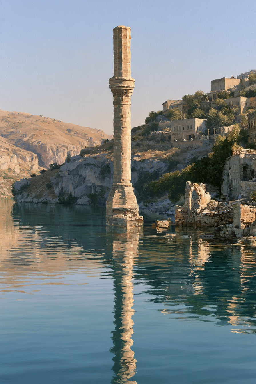 Halfeti Batık Minare Dikey Kanvas Tablo