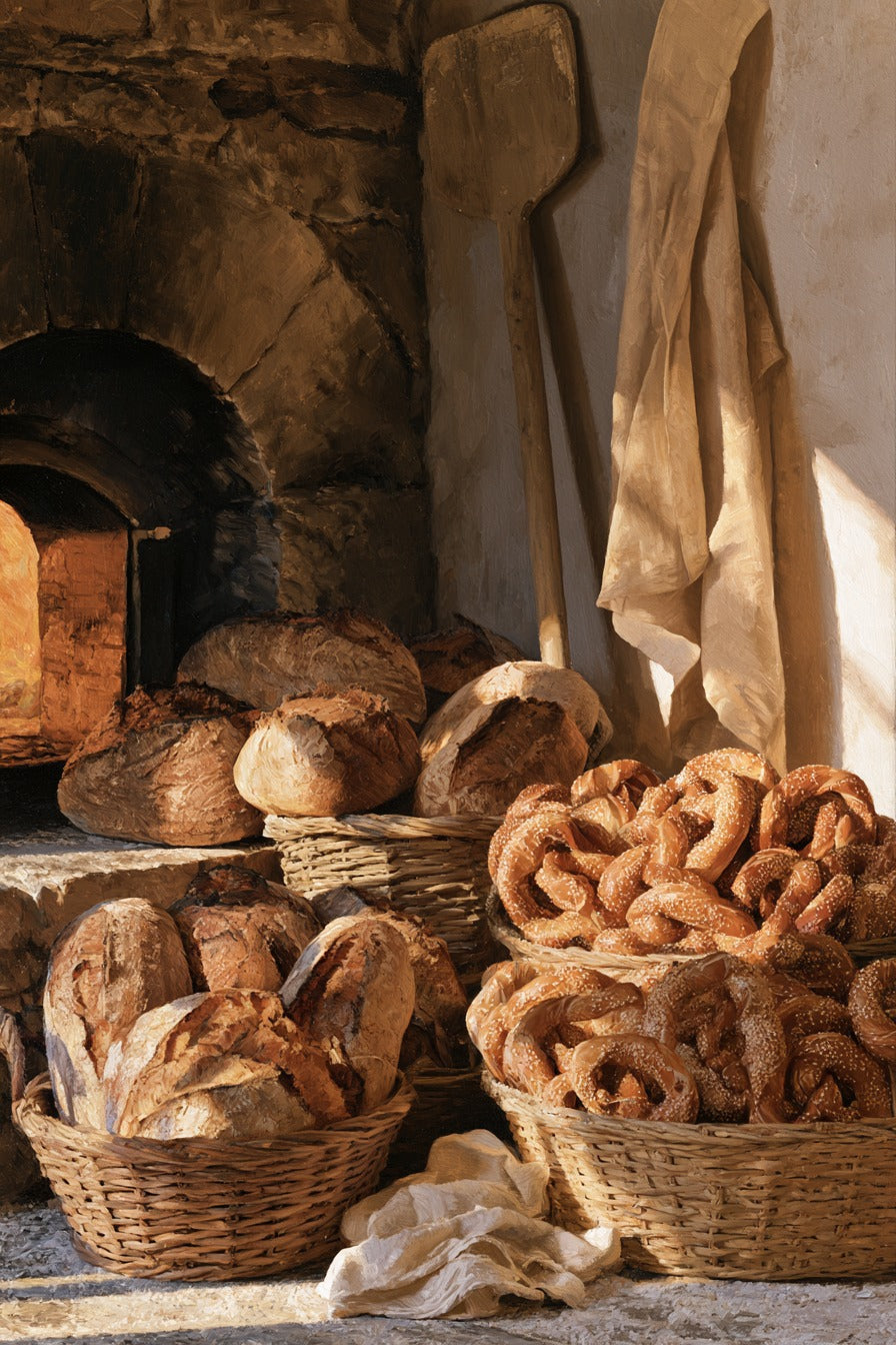 Taş Fırında Ekmek ve Simit Dikey Kanvas Tablo