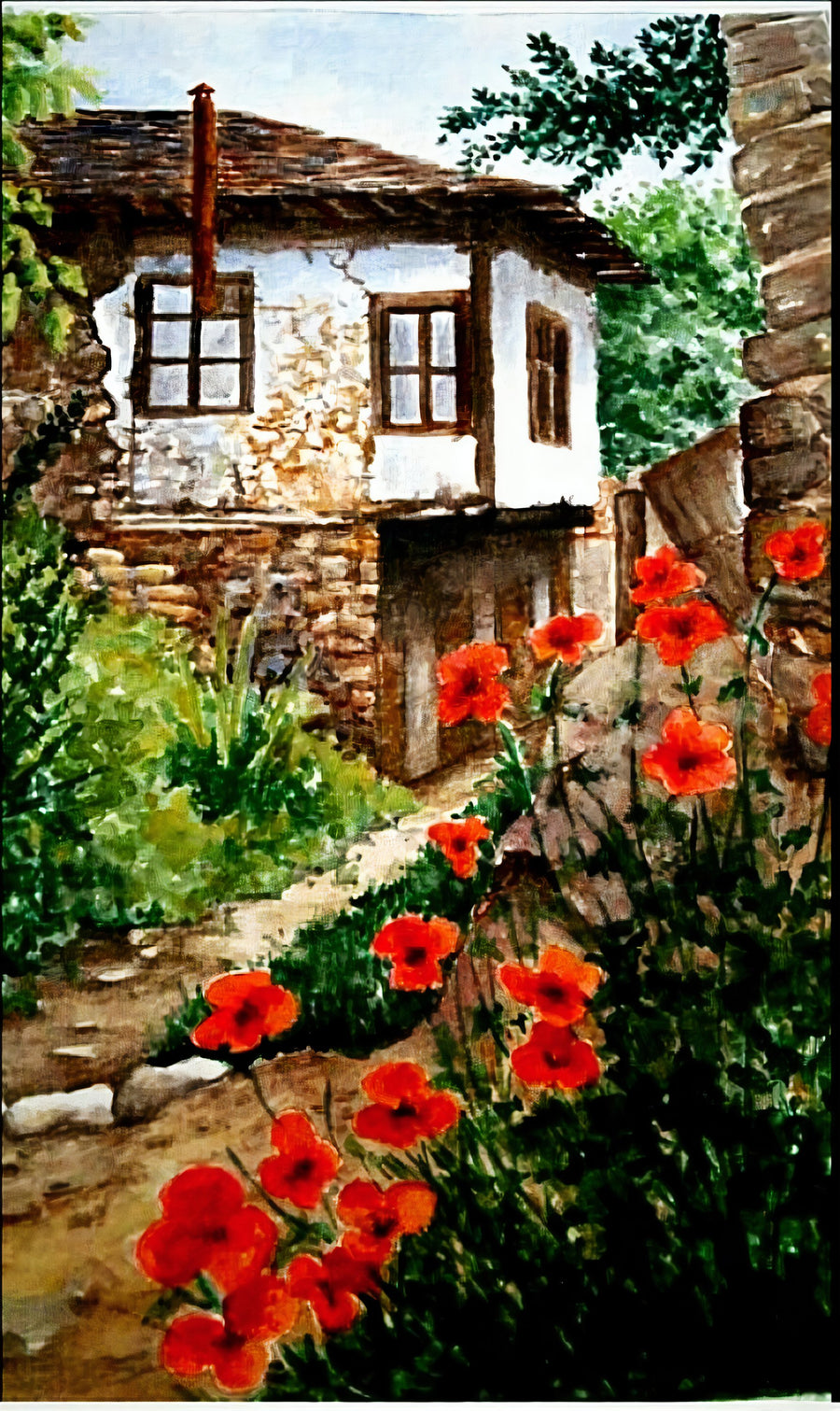 Gelincikli Taş Ev Dikey Kanvas Tablo