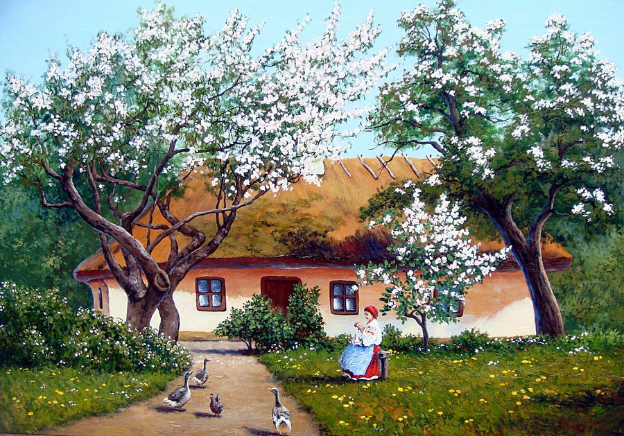 Çiçekli Bahçede Köy Evi Yatay Kanvas Tablo