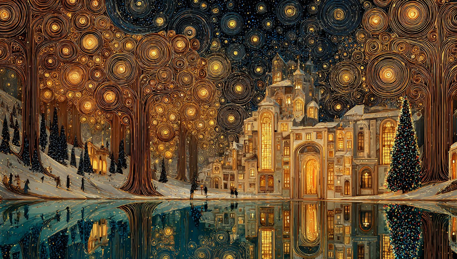 Klimt Esintili Kış Şehri Yatay Kanvas Tablo