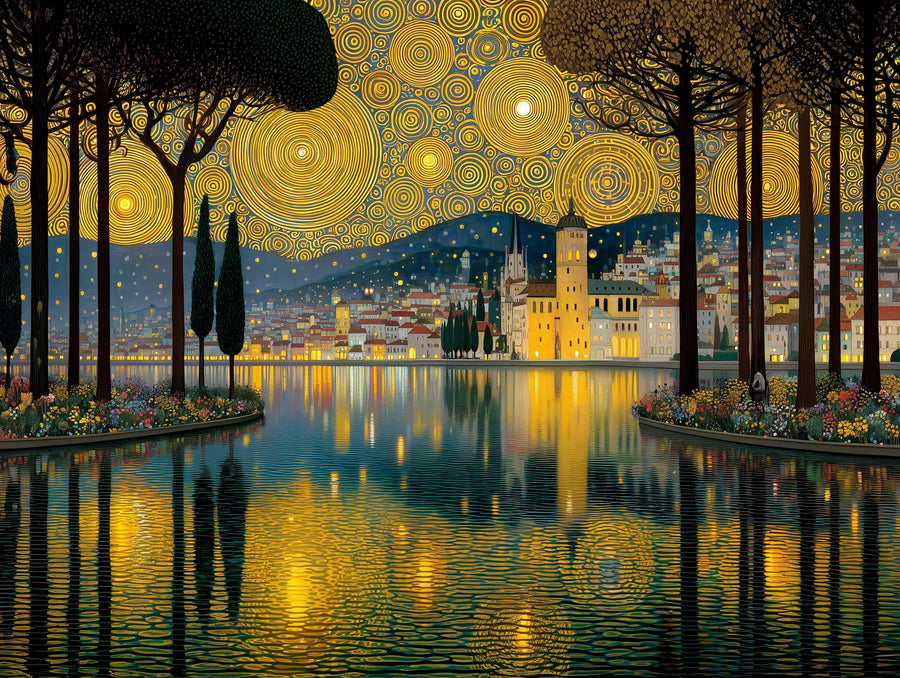 Klimt Esintili Göl Kasabası Yatay Kanvas Tablo