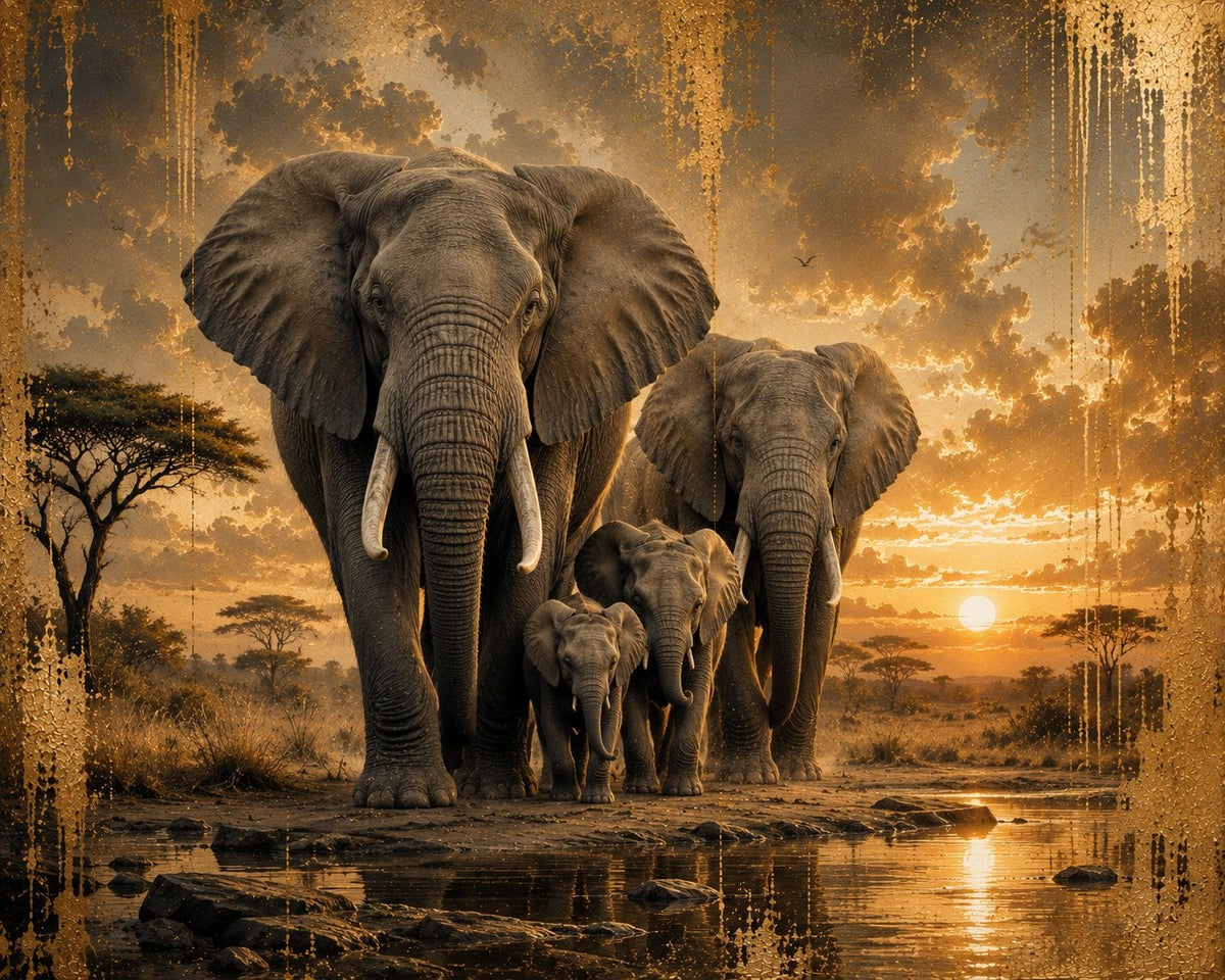 Afrika Safari Fil Ailesi Yatay Kanvas Tablo