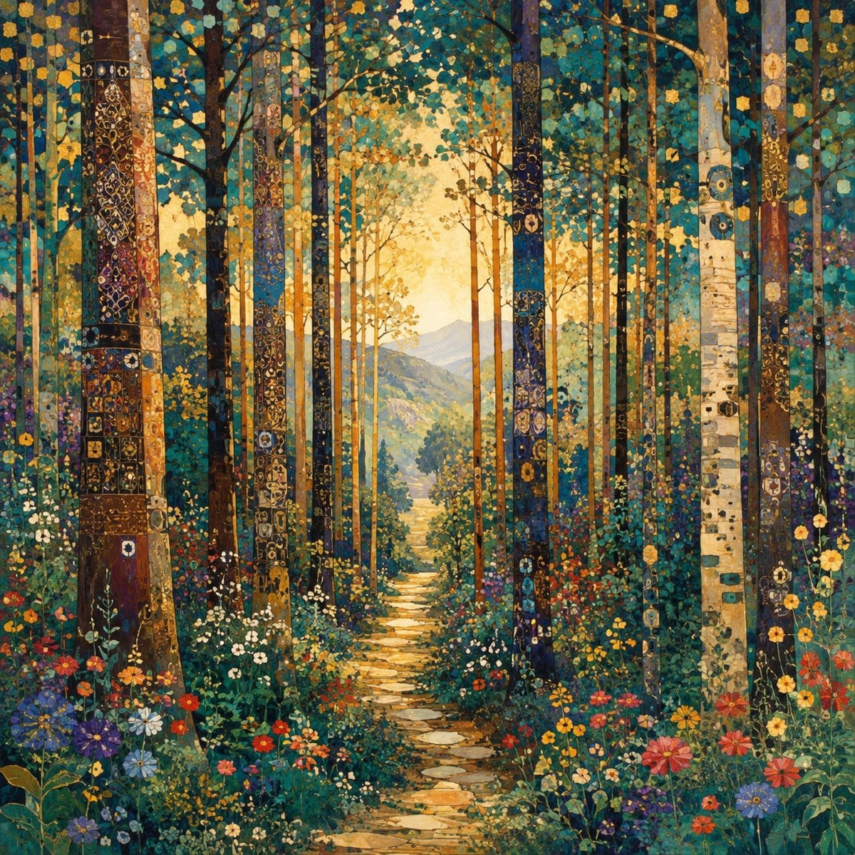 Klimt Tarzı Renkli Orman Yolu Kare Kanvas Tablo