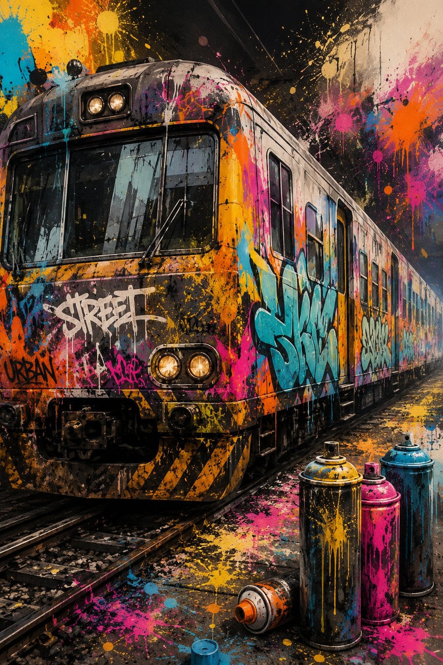 Renkli Tren Grafiti Duvar Resmi Sokak Sanatı Kanvas Tablo