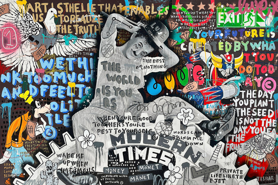 Modern Times Charlie Chaplin Grafiti Kolaj Yatay Kanvas Tablo