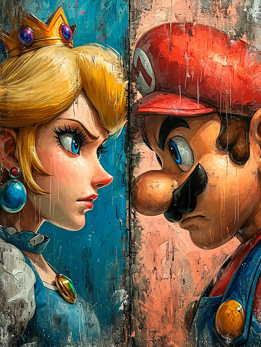 Prenses Peach ve Mario Yağlı Boya Portre Dikey Kanvas Tablo
