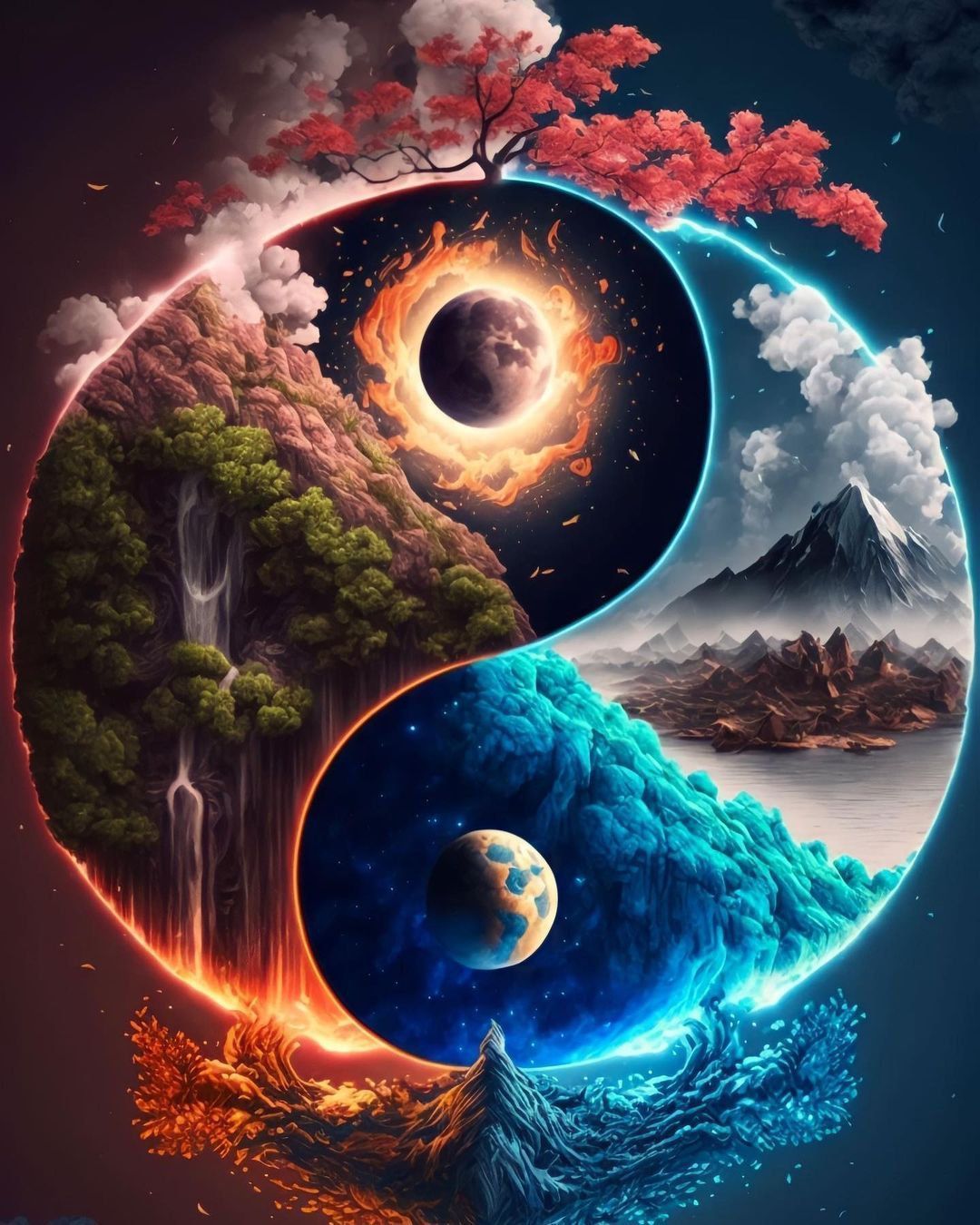 Yin Yang Doğa Elementleri Spiritüel Kanvas Tablo
