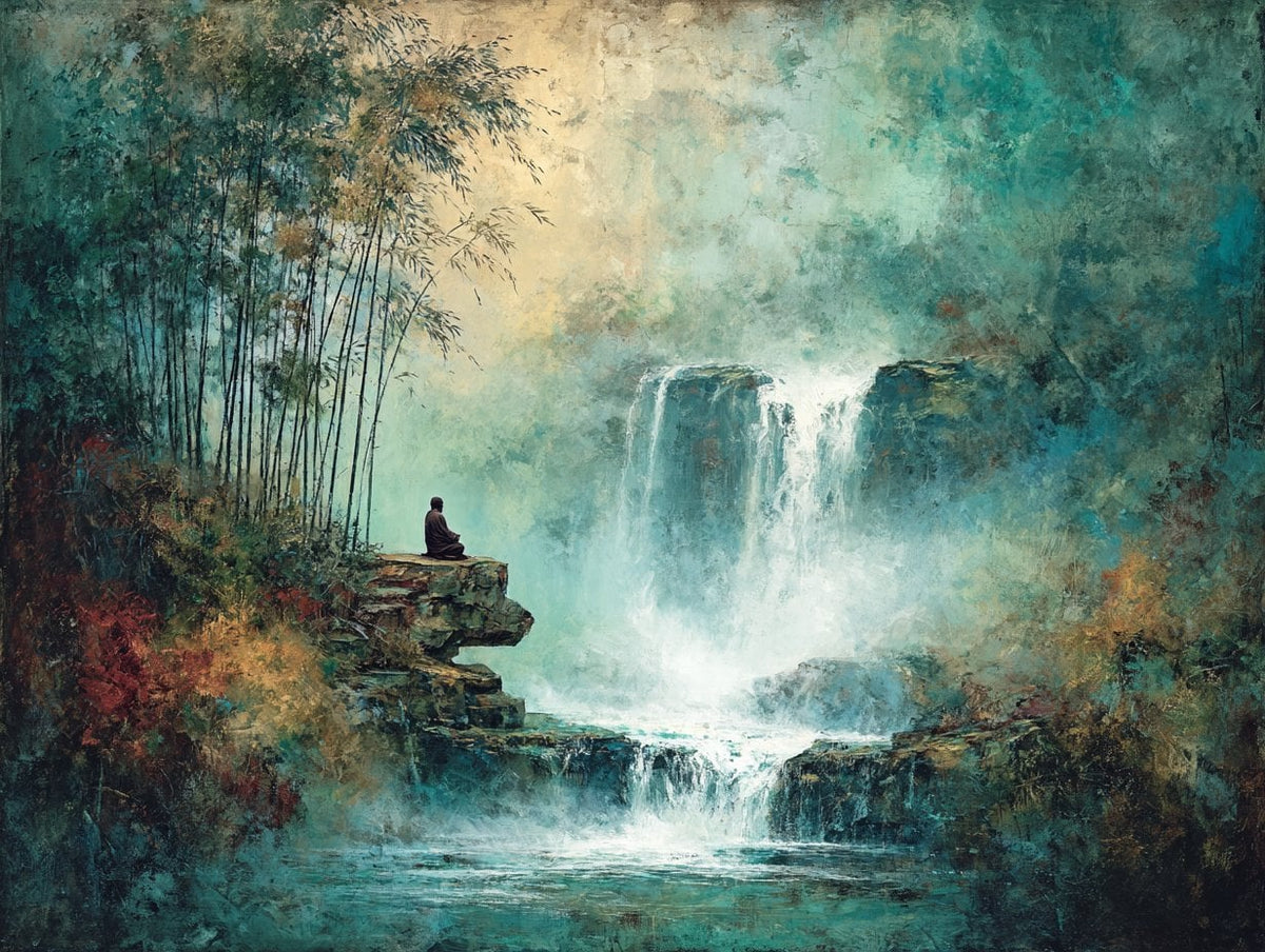 Zen Şelalesi ve Buda Meditatif Manzara Yatay Kanvas Tablo