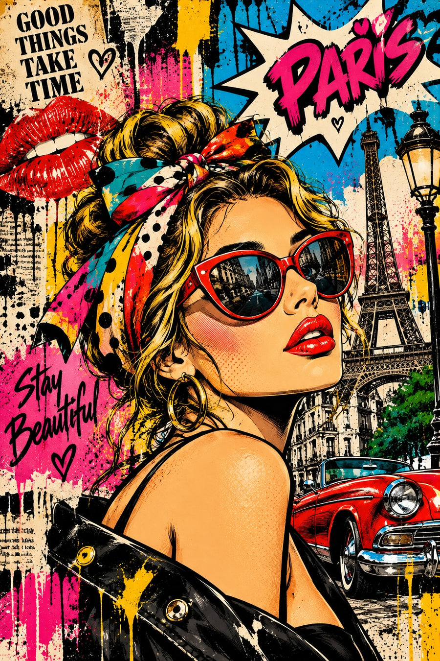 Paris'te Göz Alıcı Kadın Canlı Pembe Retro Kanvas Tablo