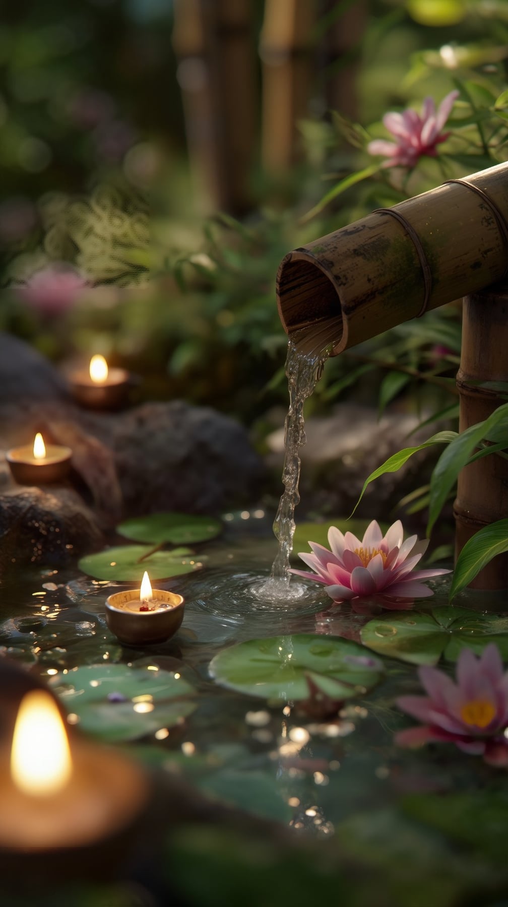 Zen Bahçesinde Buda, Şelale ve Lotus Kanvas Tablo
