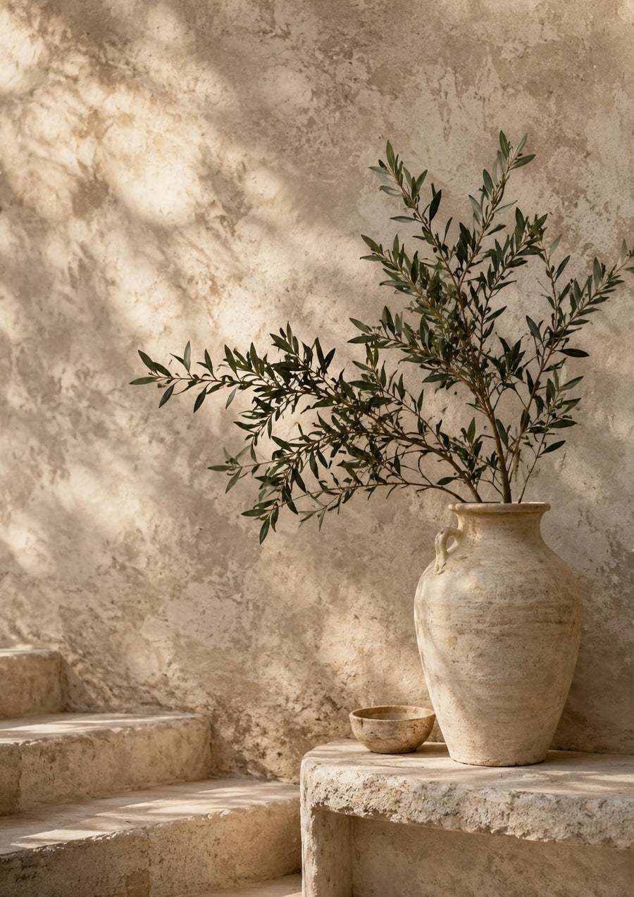 Adaçayı Yeşili Vazoda Zeytin Dalı Minimalist Kanvas Tablo