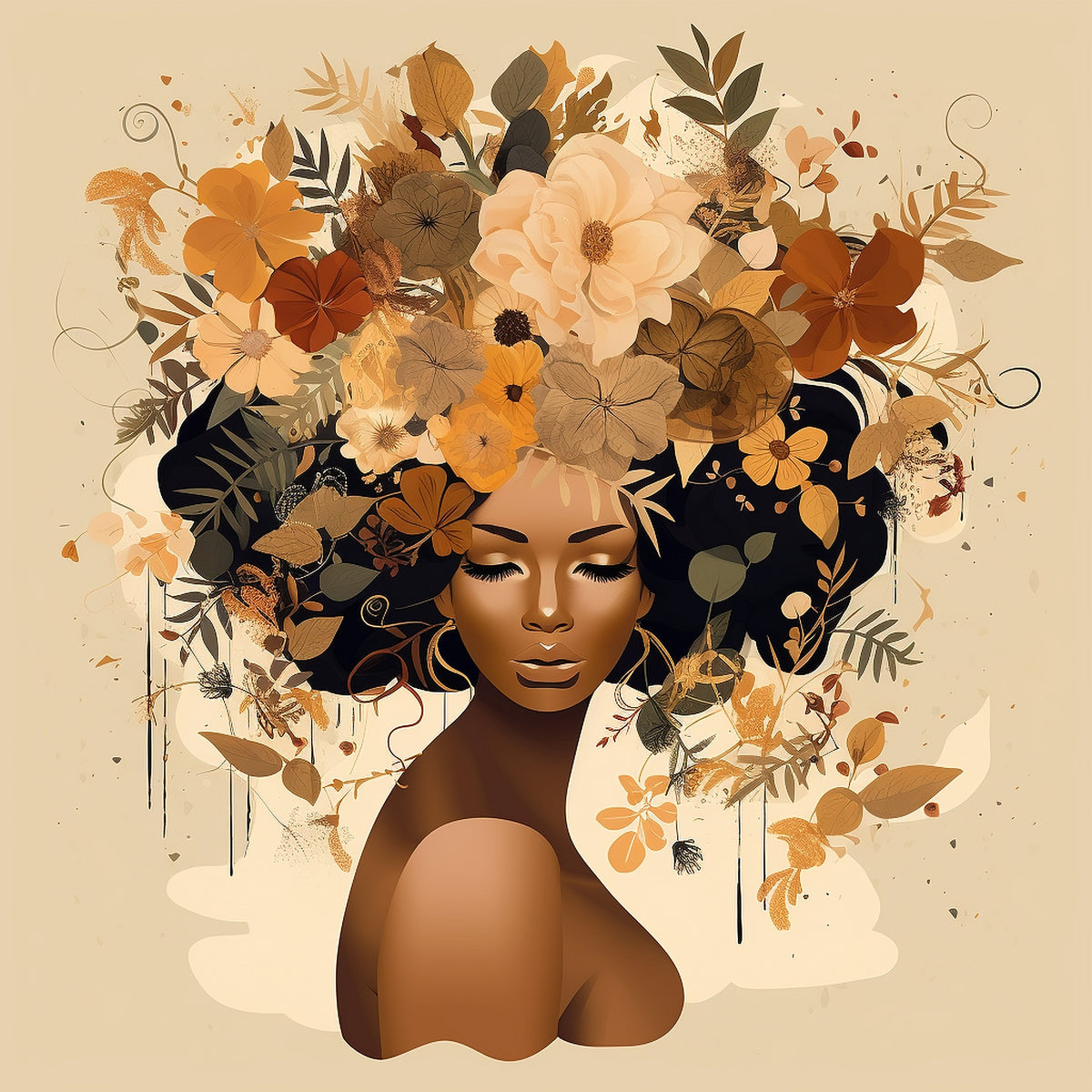 Çiçek Saçlı Afro Kadın Botanik Portre Kare Kanvas Tablo