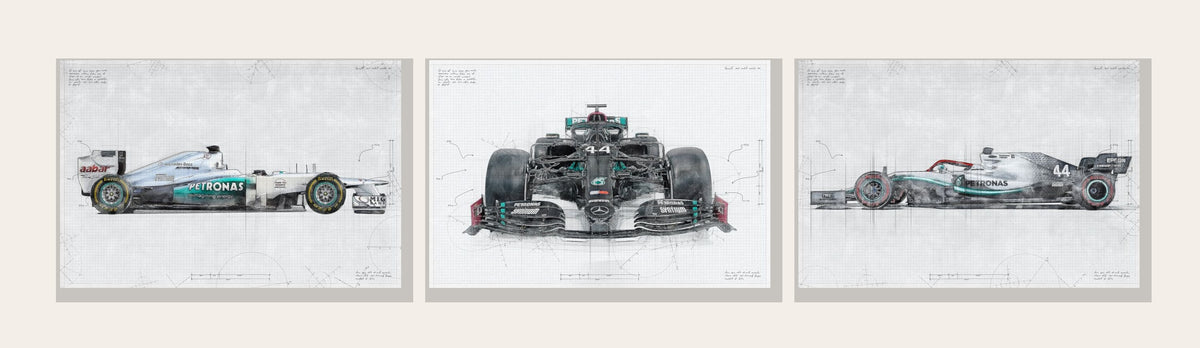 Mercedes F1 Teknik Çizim 3'lü Kanvas Tablo Seti