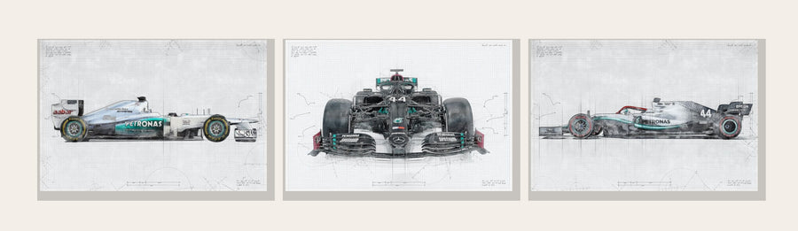 Mercedes F1 Teknik Çizim 3'lü Kanvas Tablo Seti