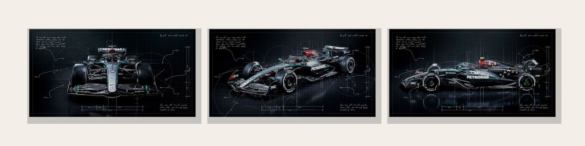 Mercedes F1 Gece Teknik Çizim 3'lü Kanvas Tablo Seti