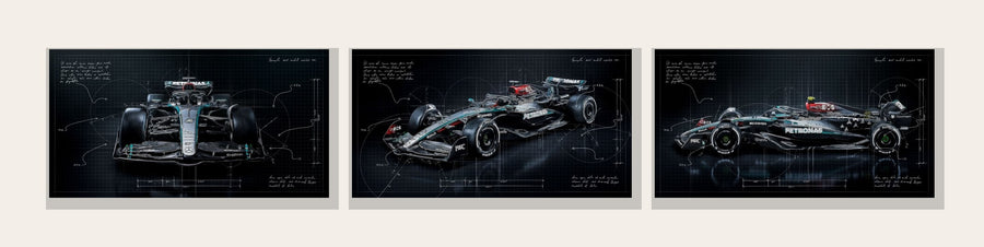 Mercedes F1 Gece Teknik Çizim 3'lü Kanvas Tablo Seti