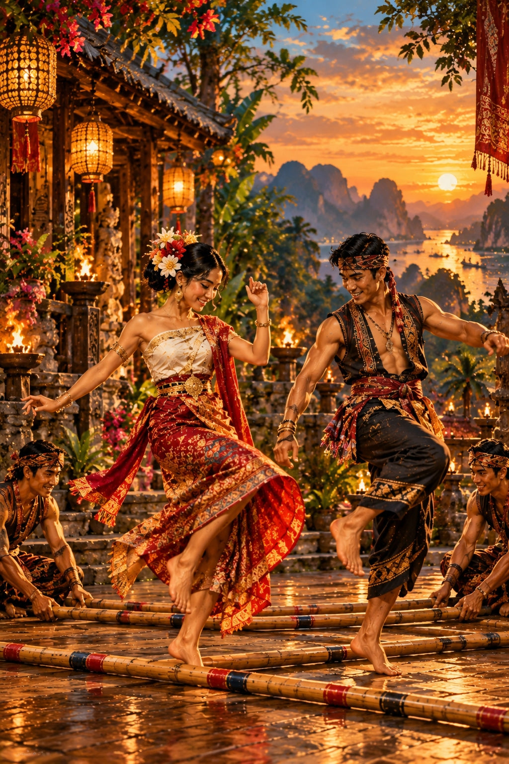 Bambu Dansı Yapan Geleneksel Dansçılar Terracotta Kanvas Tablo