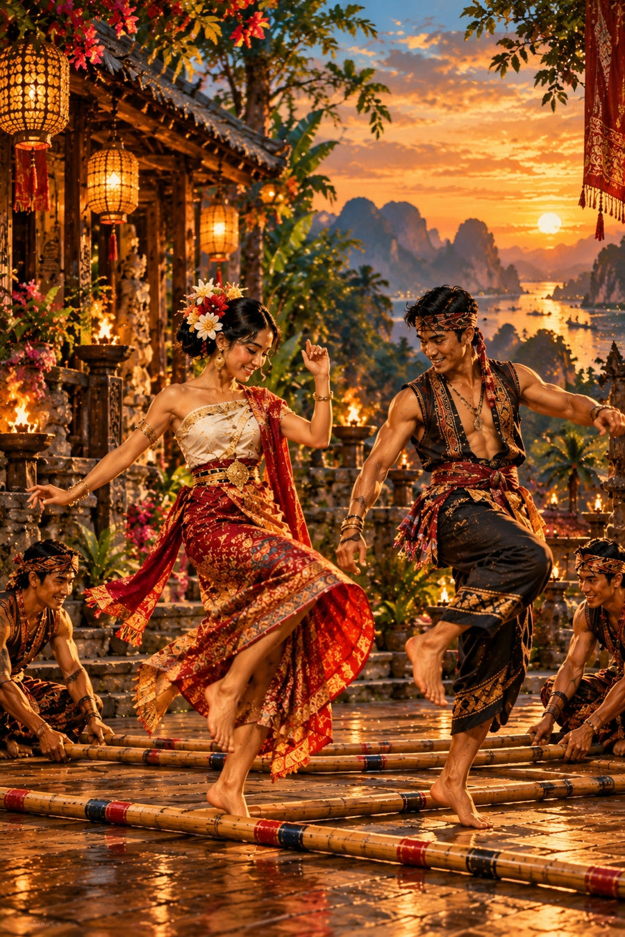 Bambu Dansı Yapan Geleneksel Dansçılar Terracotta Kanvas Tablo