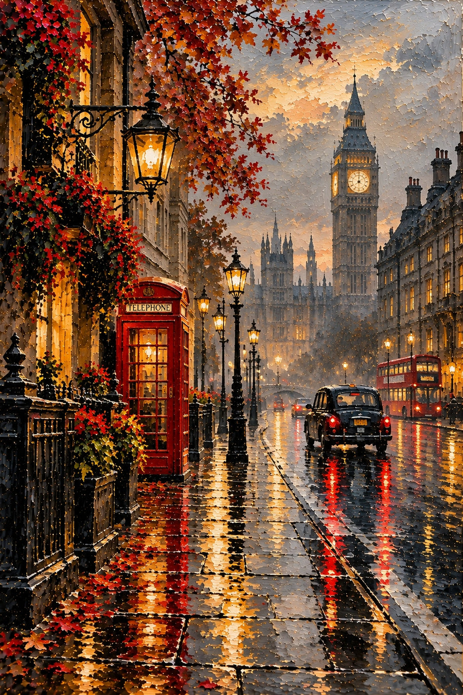 Yağmurlu Londra Sokağı Vintage Noir Kanvas Tablo