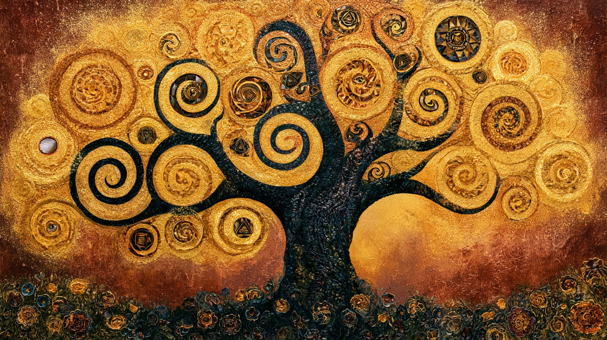 Altın Spiralli Hayat Ağacı Art Nouveau No.2 Yatay Kanvas Tablo