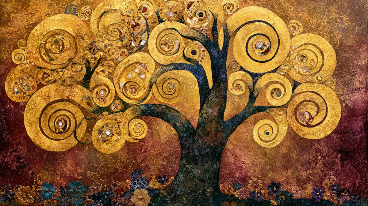 Altın Spiralli Hayat Ağacı Art Nouveau No.3 Yatay Kanvas Tablo