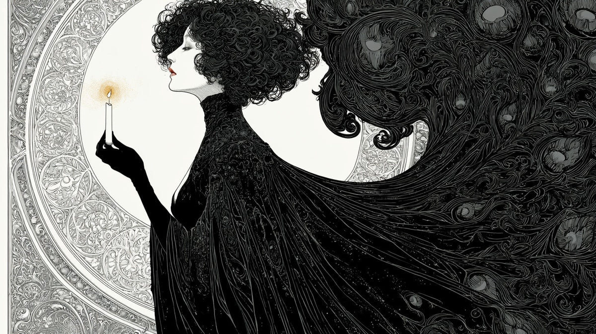 Mum Tutan Kadın Art Nouveau Mürekkep Yatay Kanvas Tablo