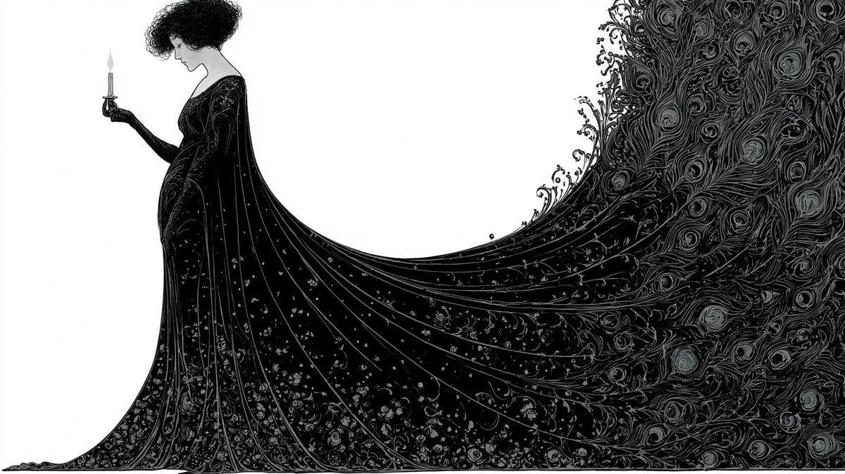 Uzun Kuyruklu Elbise Art Nouveau Mürekkep Yatay Kanvas Tablo